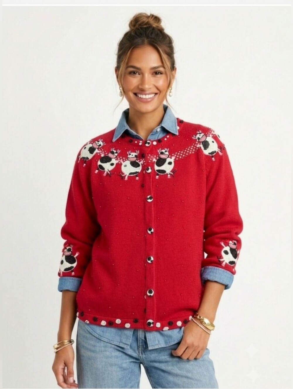 Vintage Y2K Dancing Cow Quirky Cardigan Sweater Whimsical Knit Beaded Medium